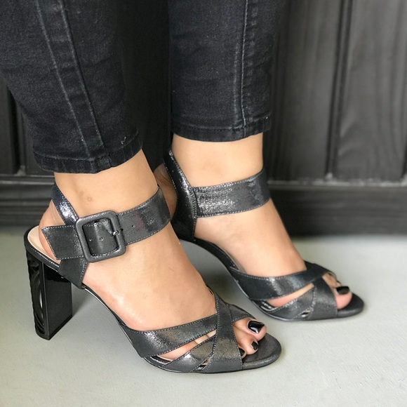 Silver Metallic Crisscross Metal Block Heel Sandal - Picture 3 of 6